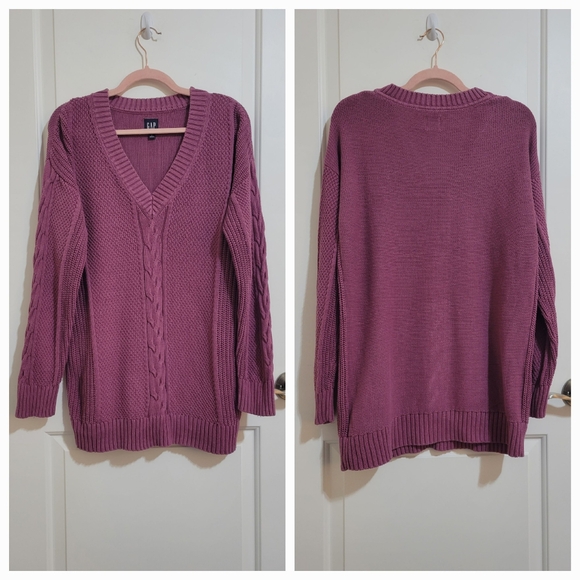 GAP Cable Knit V-Neck Fisherman Cotton Tunic Sweater Damson Pink S - Picture 2 of 10